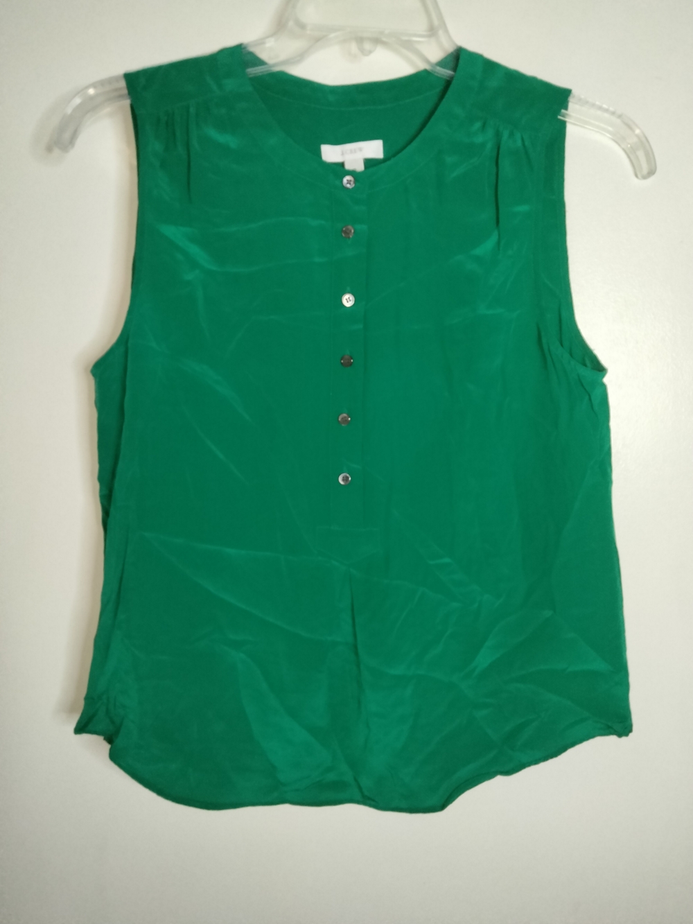 J. Crew -Sz 10- Green 100% Silk Sleeveless Half Button-Elevated Essential Blouse